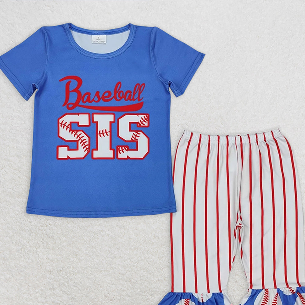GSPO1994RTS NO MOQ Baby Girls Spring Outfits Blue Baseball Sister Top with Stripe Pants - Kids Girls Clothing Set