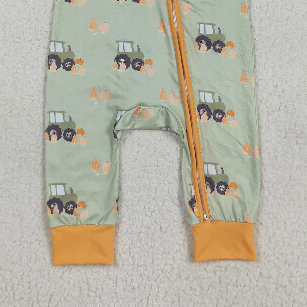RTS NO MOQ （In stock）LR2335 Baby Boys Winter Rompers Baby Boys Green Long Sleeves Pumpkins Trucks Zipper Rompers