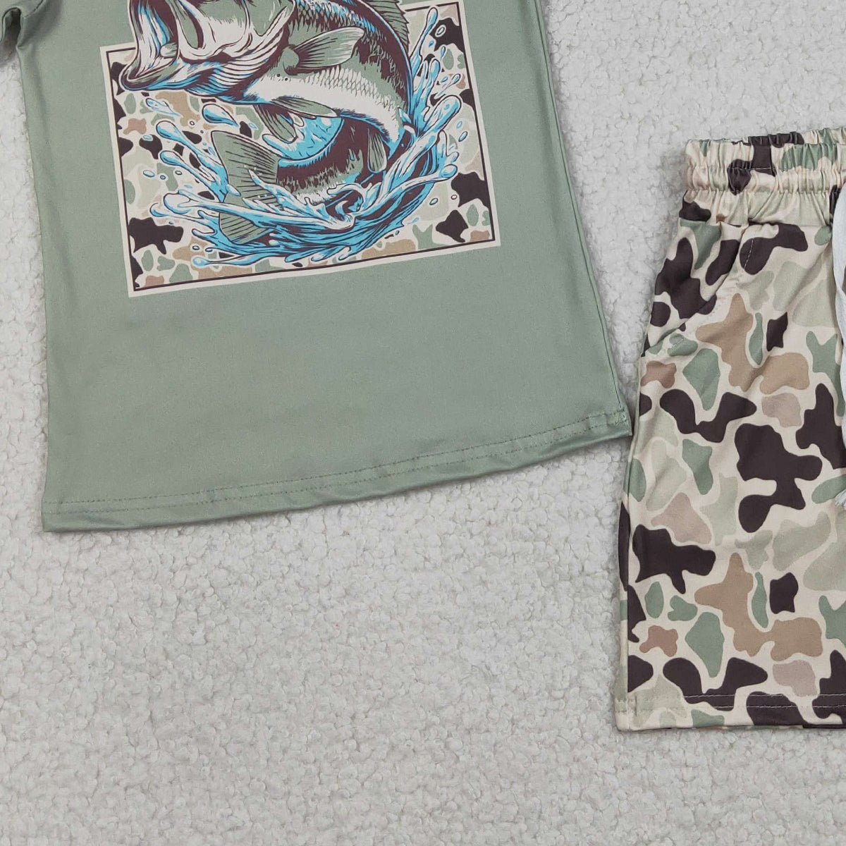 3.30 RTS NO MOQ （In stock）BSSO1835 Short sleeves fish camo top shorts kids boys outfits