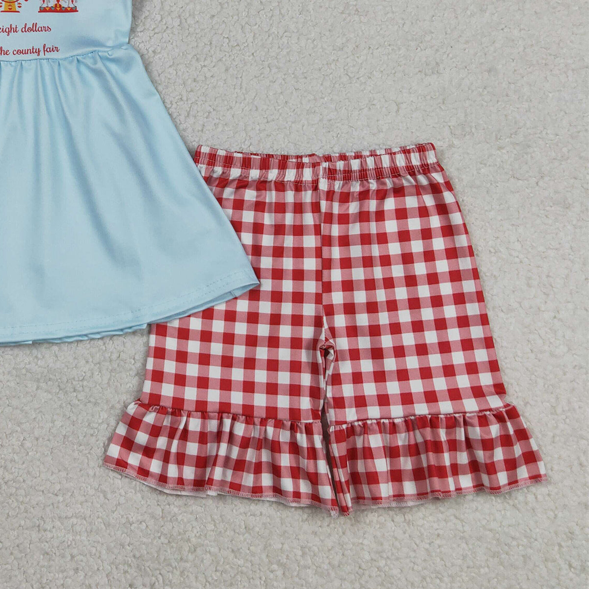 3.17 RTS NO MOQ （In stock）GSSO2544 Kids Clothing for Baby Girls Sleeveless Tunic Top Red Checked Ruffle Short Clothes Set