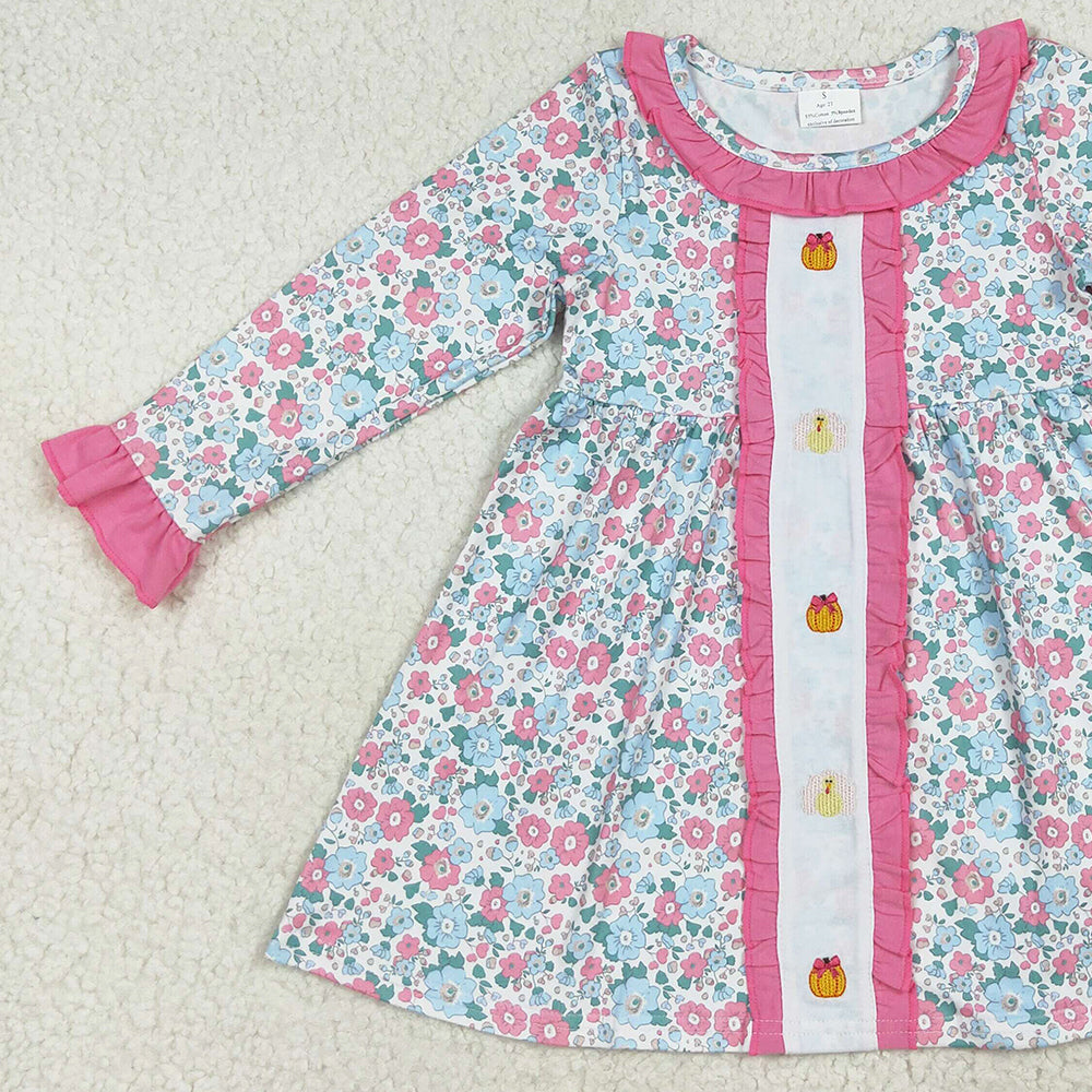 7.10 GLD1053 RTS NO MOQ Baby Girls Dress Embroidery Baby Girls Long Ruffle Sleeves Floral Turkey Pumpkins Knee Length Dresses
