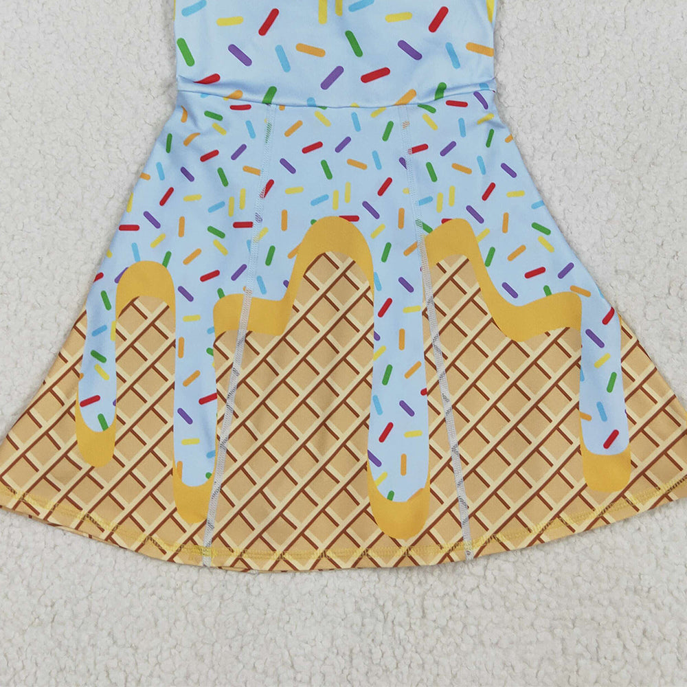 7.14 GSD2415RTS NO MOQ Baby Girls Summer Yoga Dress Baby Girls Blue Ice-cream Drip Yoga Skort Knee Length Dresses