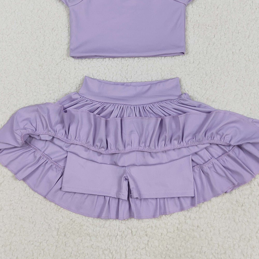 6.20 GSD2099RTS NO MOQ Baby Girls Yoga Outfits Baby Girls Lavender Short Ruffle Sleeves Top Skirt Yoga Set