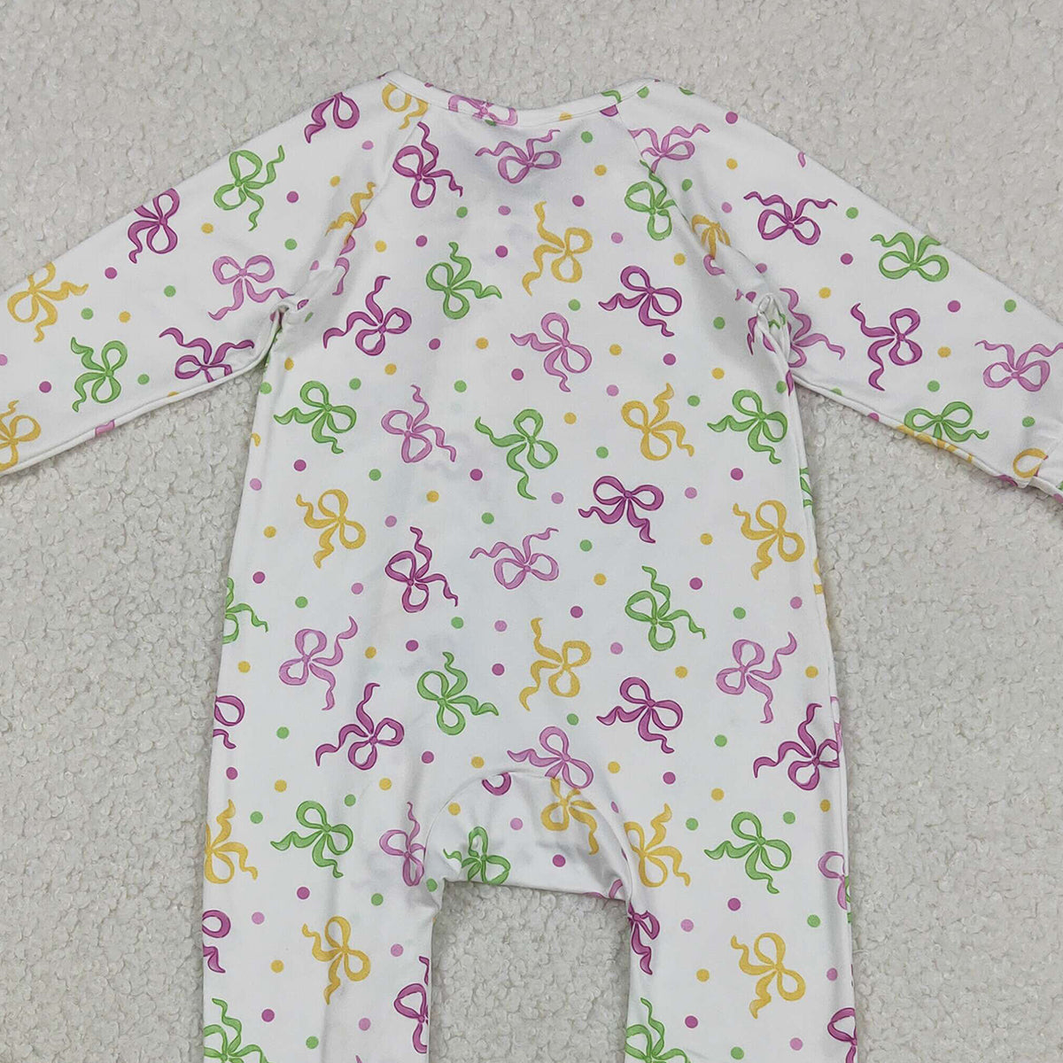 12.2 RTS NO MOQ （In stock）LR2735 Baby Girls Winter Rompers Baby Girls Mardigras Bows Polka Dots Two Way Zip Convertible Rompers