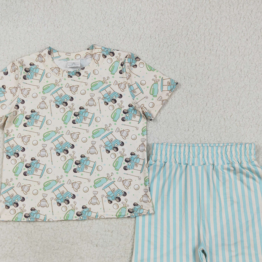 GSSO2614 RTS NO MOQ Baby Girls Summer Outfits Baby Girls Short Sleeves Golf Top Blue Stripes Short Pajamas Set