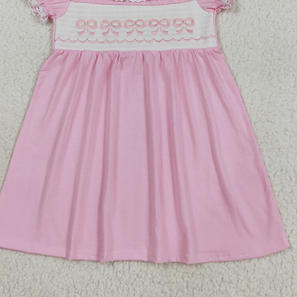 8.22 RTS NO MOQ （In stock）GSD2718Baby Girls Summer Dress Baby Girls Ruffle Sleeves Embroidery Bows Knee Length Dresses