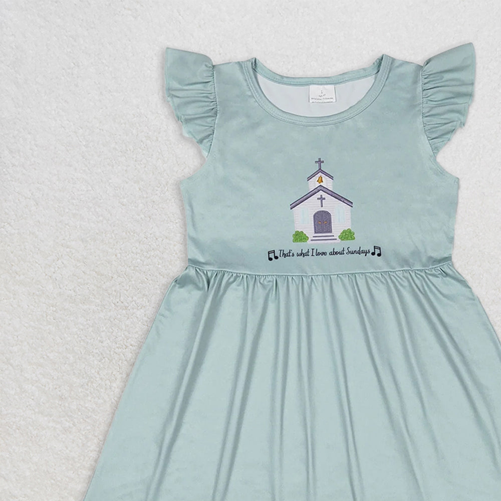 GSD1156 RTS NO MOQ Baby Girls Summer Dress Church letter blue green flying sleeve dress