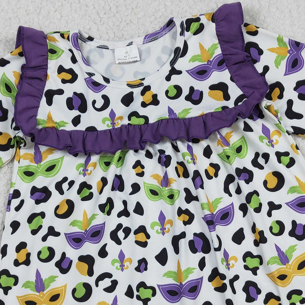 12.27 RTS NO MOQ （In stock）GLD1319 Baby Girls Winter Dress Baby Girls Purple Green Yellow Leopard Masks Mardigras Knee Length Dress