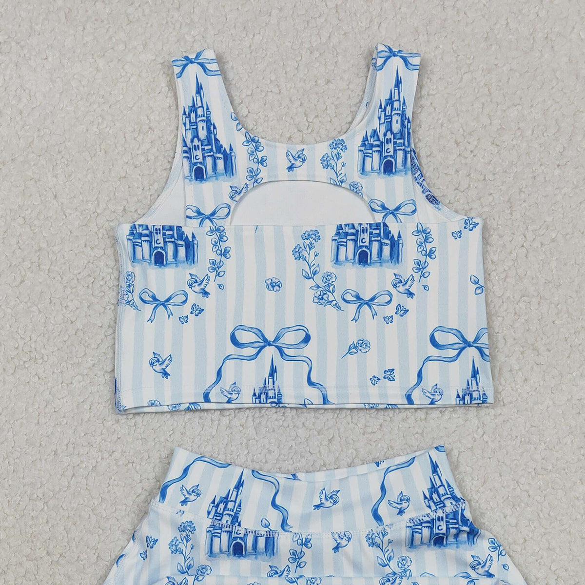 12.13 RTS NO MOQ （In stock）GSD3067 Baby Girls Blue Castles Bows Top Skirt Shorts Yoga Active Clothes Set