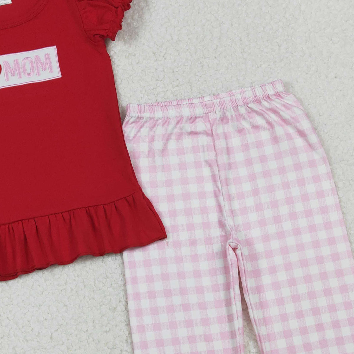 10.27 RTS NO MOQ （In stock）GSPO2071 Embroidery I Love Mom Baby Girls Shirts Checked Ruffle Pants Clothes Sets
