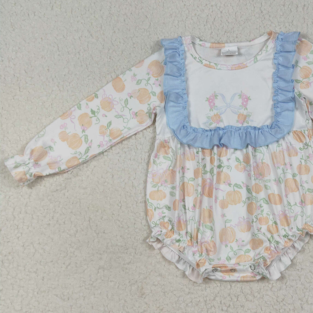 RTS NO MOQ （In stock） LR2256 Baby Girls Winter Rompers Baby Girls Long Sleeves Pumpkins Bows Plaid Ruffle Rompers
