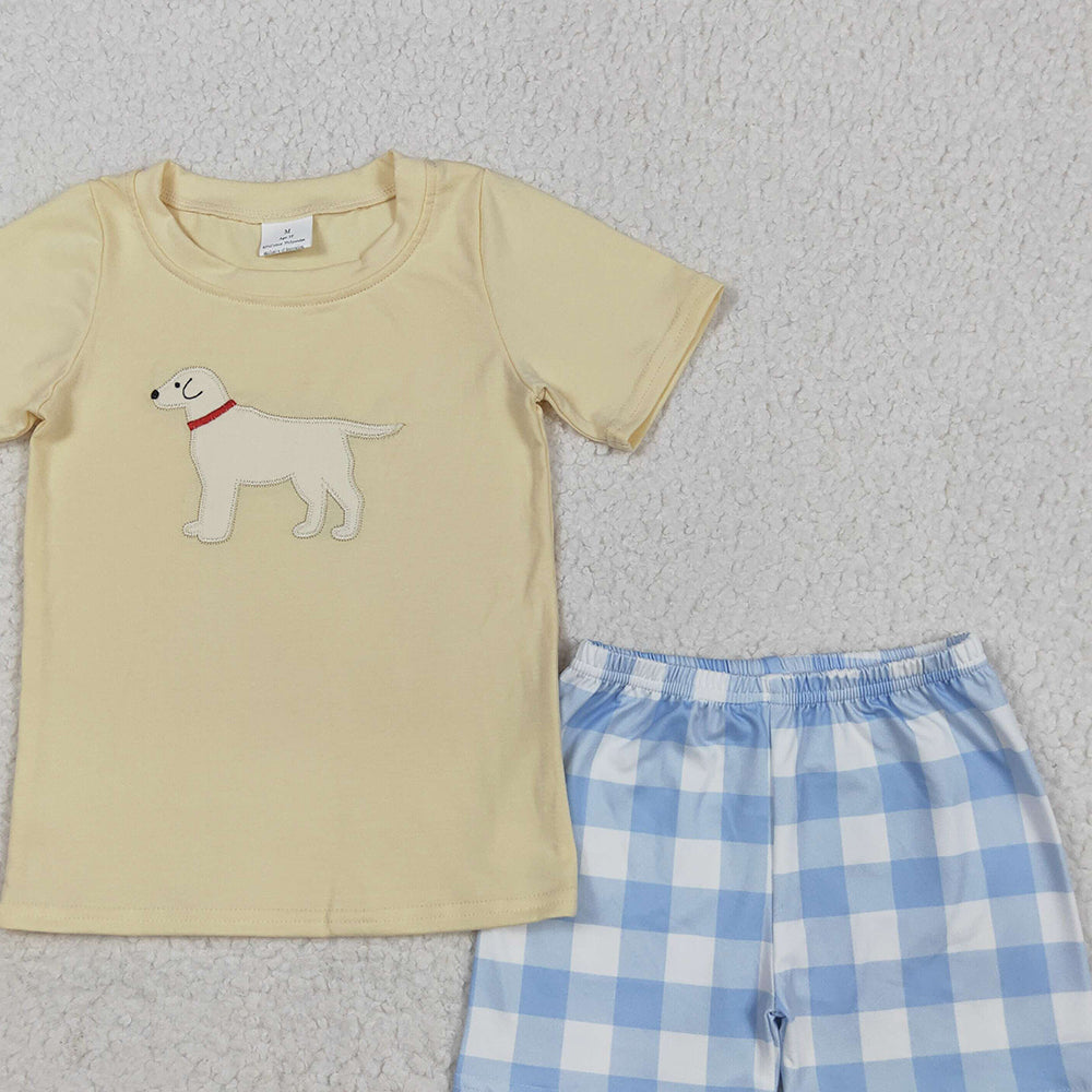 BSSO1058RTS NO MOQ Baby Boys Summer Boys Outfits Baby Boys Yellow Dog Top Checkered Shorts Clothes Sets Preorder