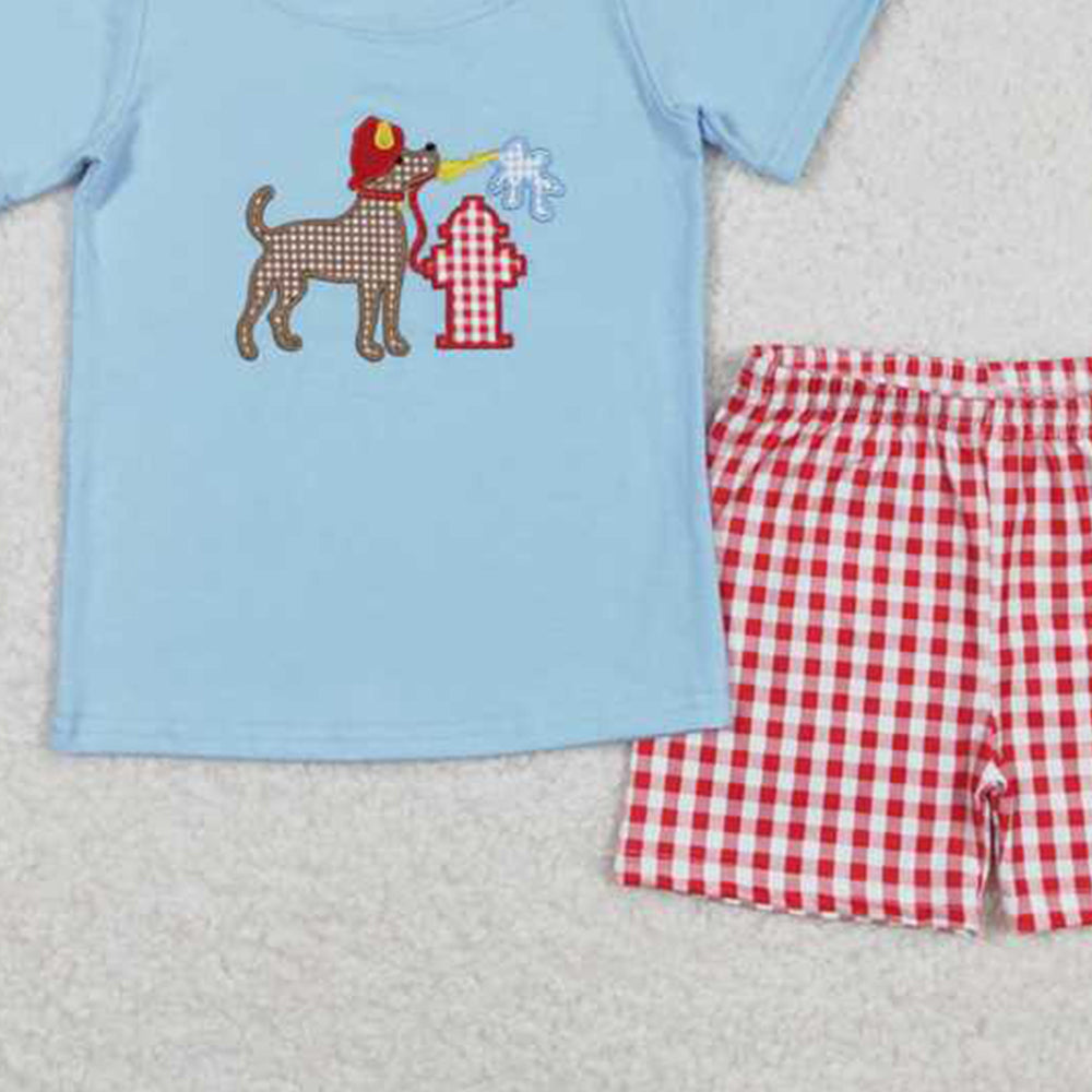 BSSO0377 New Rts No Moq 8-9 Days By Air Arrived it Back the Red Dog Plaid Shorts Kids Boys Outfits Top Matching Set Boys Clothing Plaid Pattern Comfortable Fit for Children
