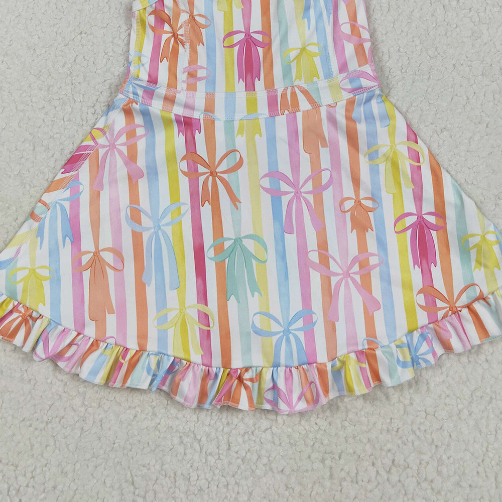 6.18 GSD2288RTS NO MOQ Baby Girls Summer Yoga Dress Baby Girls Strap Colorful Bows Stripe Yoga Ruffle Knee Length Dresses