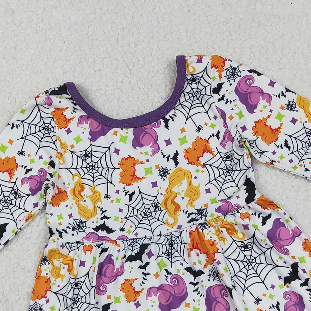 RTS NO MOQ （In stock）GLD1249 Baby Girls Winter Dress  Halloween Ruffle Knee-Length Dress Cartoon Spider Theme Cute And Spooky Halloween Costume