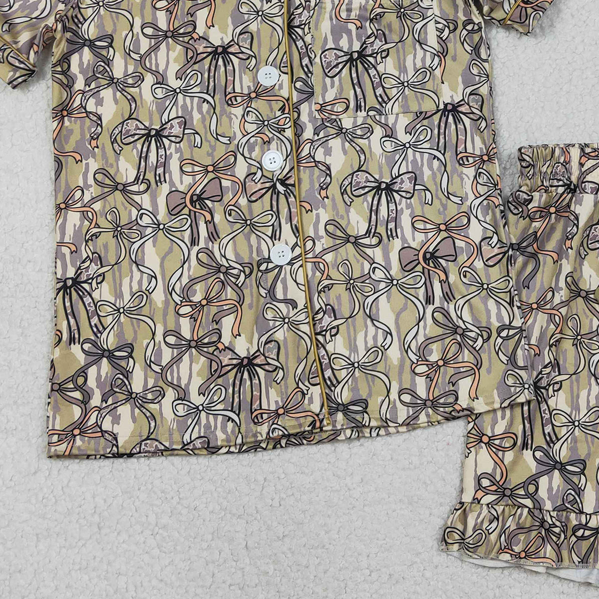 2.7 RTS NO MOQ （In stock）GSSO3166 Adult Women Southern Olive Camo Bows Button Pocket Top Ruffle Shorts P