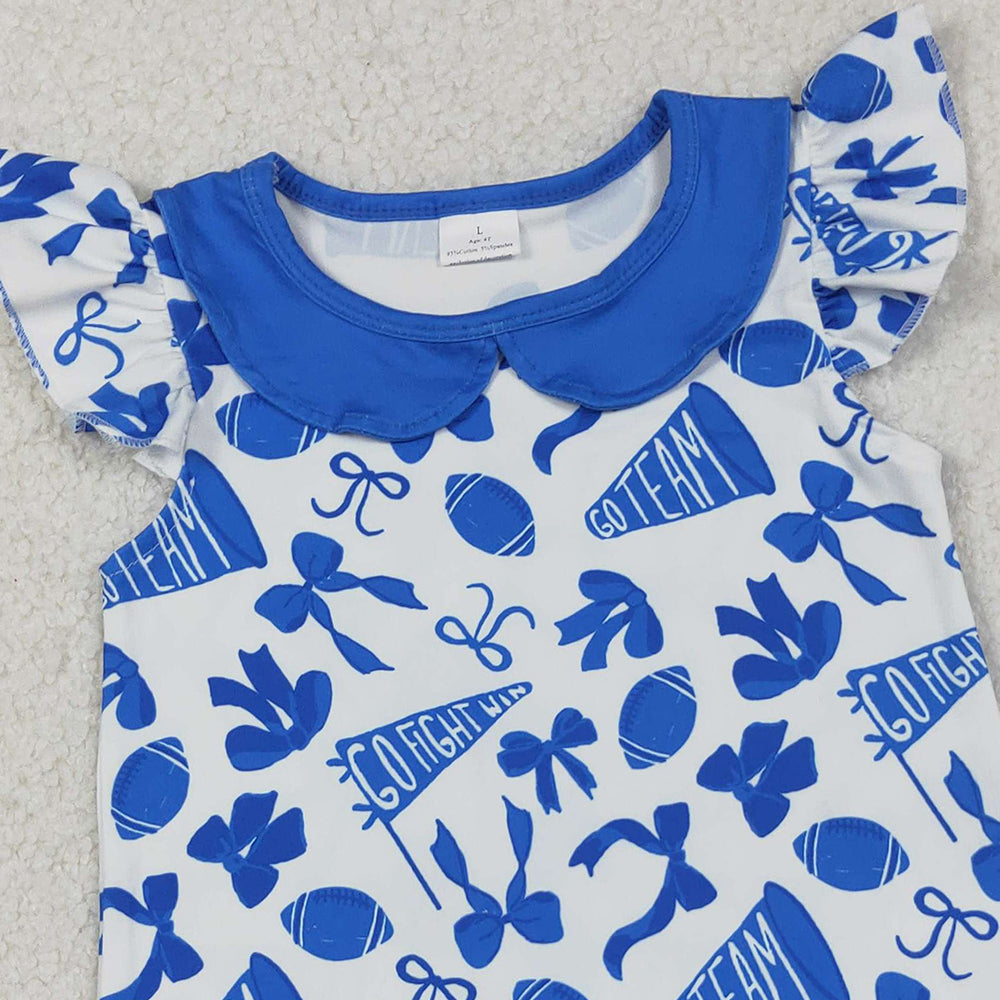RTS NO MOQ （In stock）GSD2782 Baby Girls Summer Dress Knee-Length Dress with Blue Cheer Bows And Flutter Sleeves Team Color Options