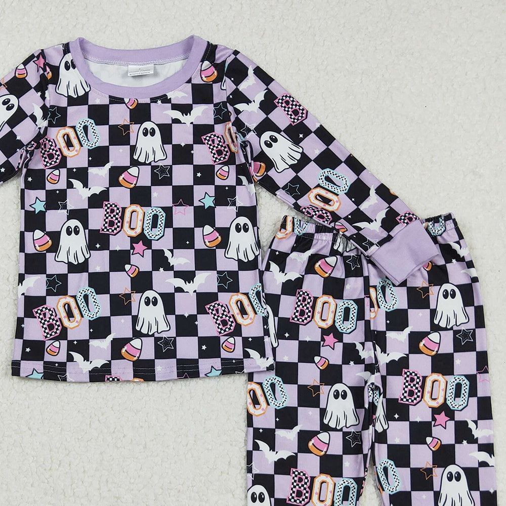 RTS NO MOQ （In stock）GLP2684 Baby Girls Winter Outfits Lavender Plaid Octopus Bowtie Baby Girls' Halloween Pajamas Short Sleeve Top And Pants Set