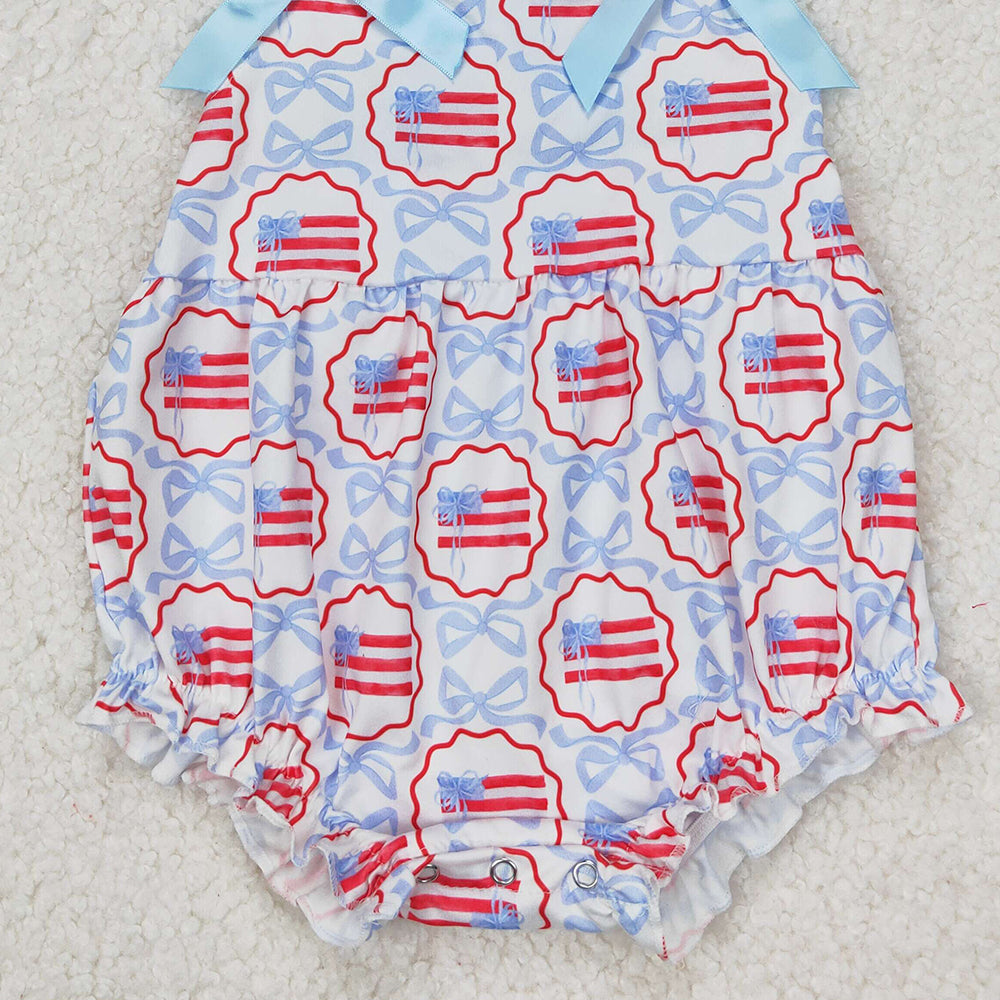 4.24 SR2691 RTS NO MOQ Blue straps bow flag baby girls 4th of july romper