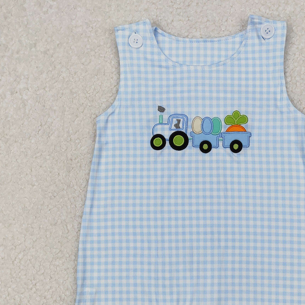 6.24  SR2402 RTS NO MOQ Sleeveless plaid eggs tractor baby boy Easter romper