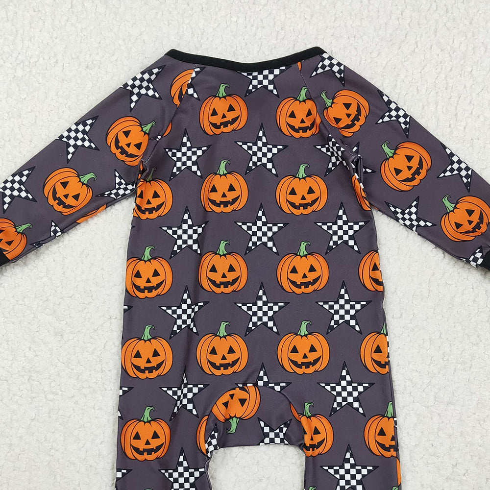 RTS NO MOQ （In stock）LR2464 Baby Boys Winter Rompers Baby Boys Halloween Stars Pumpkins Zipper Footie Rompers
