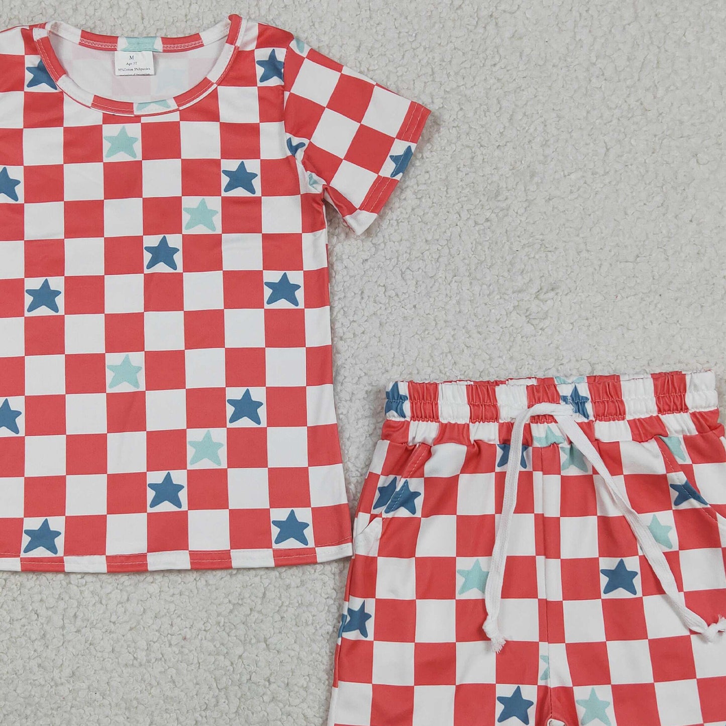 GSSO3293 RTS NO MOQ （In stock ）Baby Girls Red Checked Stars Top Pockets Ruffle Shorts 4th of July Clothes Sets