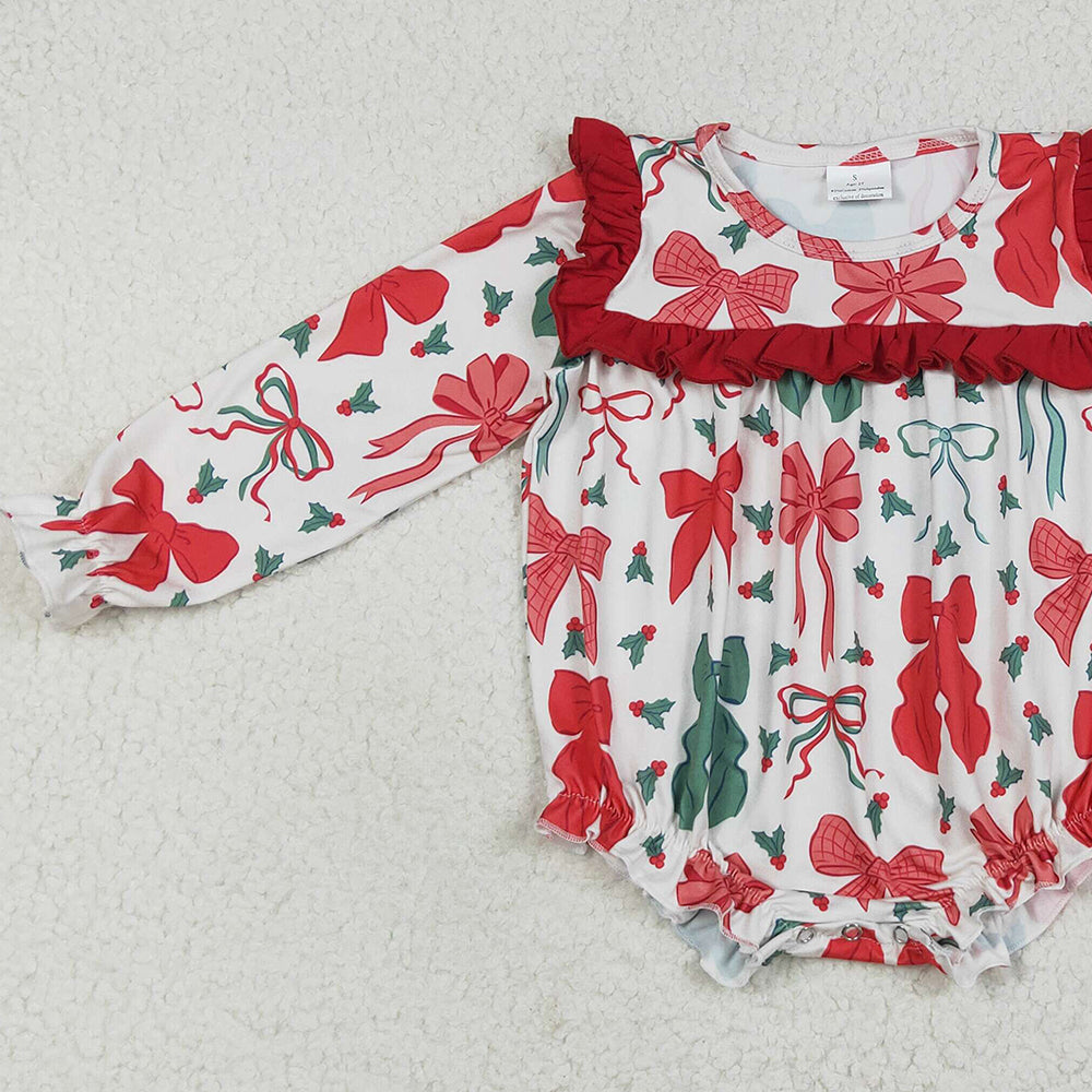 8.14 LR2209RTS NO MOQ Baby Girls Winter Rompers Baby Girls Long Sleeves Red Green Bows Ruffle Rompers