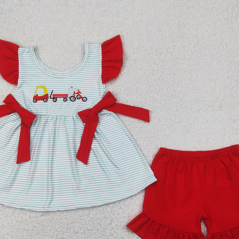 5.17  GSSO2404 RTS NO MOQ Baby Girls Summer Outfits Embroidery Baby Girls Red Flutter Sleeves Trucks Bows Tunic Red Ruffle Short Set