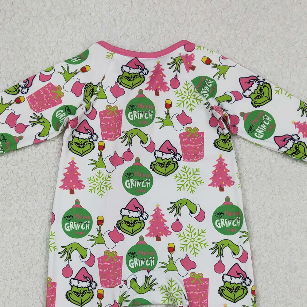 RTS NO MOQ （In stock）LR2588 Baby Girls Winter Rompers Green Face Gifts Christmas Zipper Footie Rompers