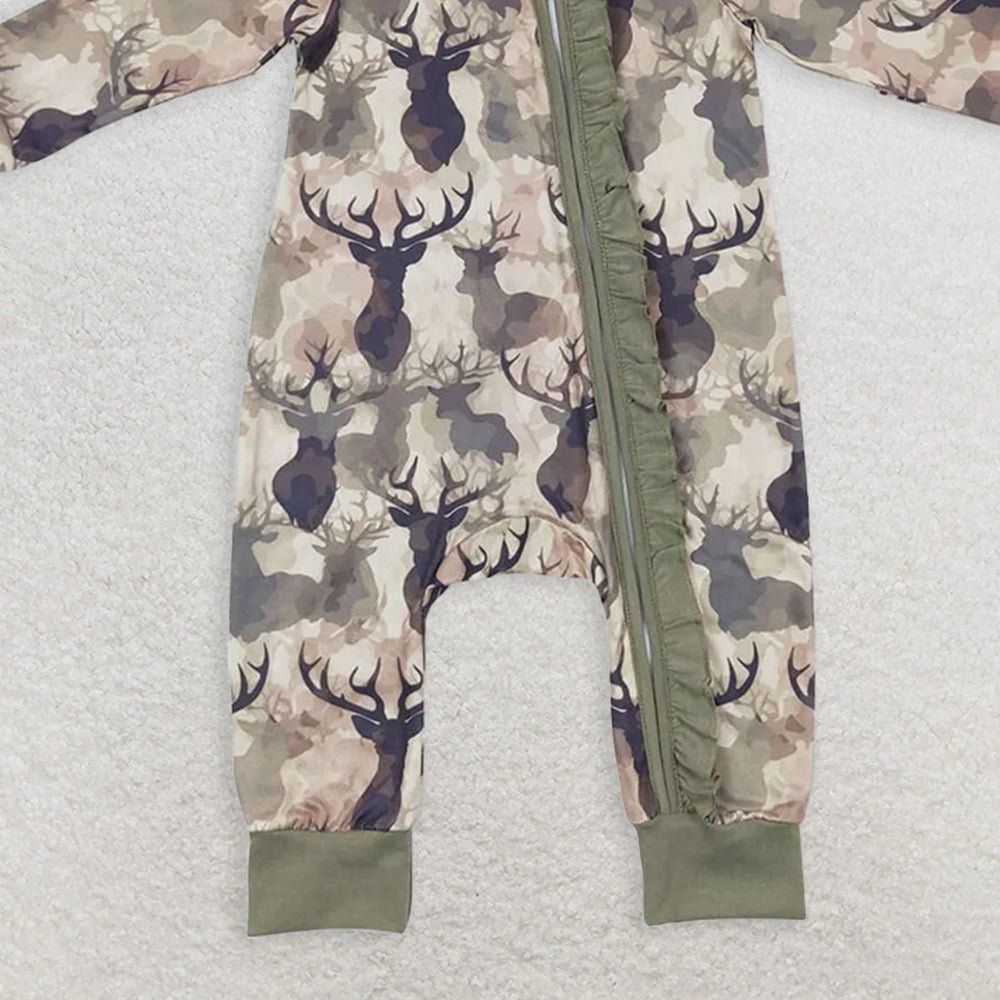 USA Shop (in stock)LR0661RTS NO MOQ Baby girls Winter Rompers Deer camo long sleeves ruffle baby girls zipper romper