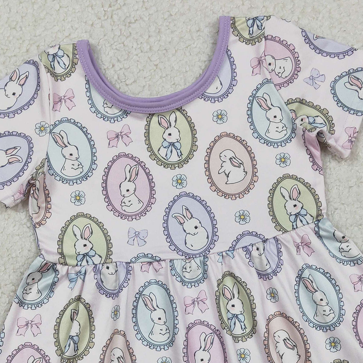 2.3 RTS NO MOQ （In stock）GSD2863 Baby Girls Bows Rabbits Easter Ruffle Knee Length Dresses