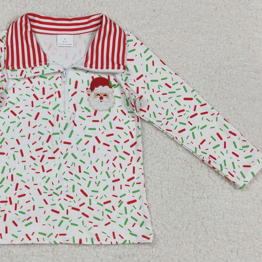 RTS NO MOQ （In stock）BT1294 Baby Boys Long Sleeve Tops Embroidery Santa  Red Green Spinkles Zipper Pullovers Top