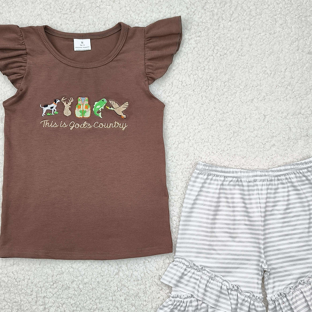6.09    GSSO2353 RTS NO MOQ Baby Girls Summer Outfits Baby Girls Brown Flutter Sleeves Gods Country Top Ruffle Stripe Short Set