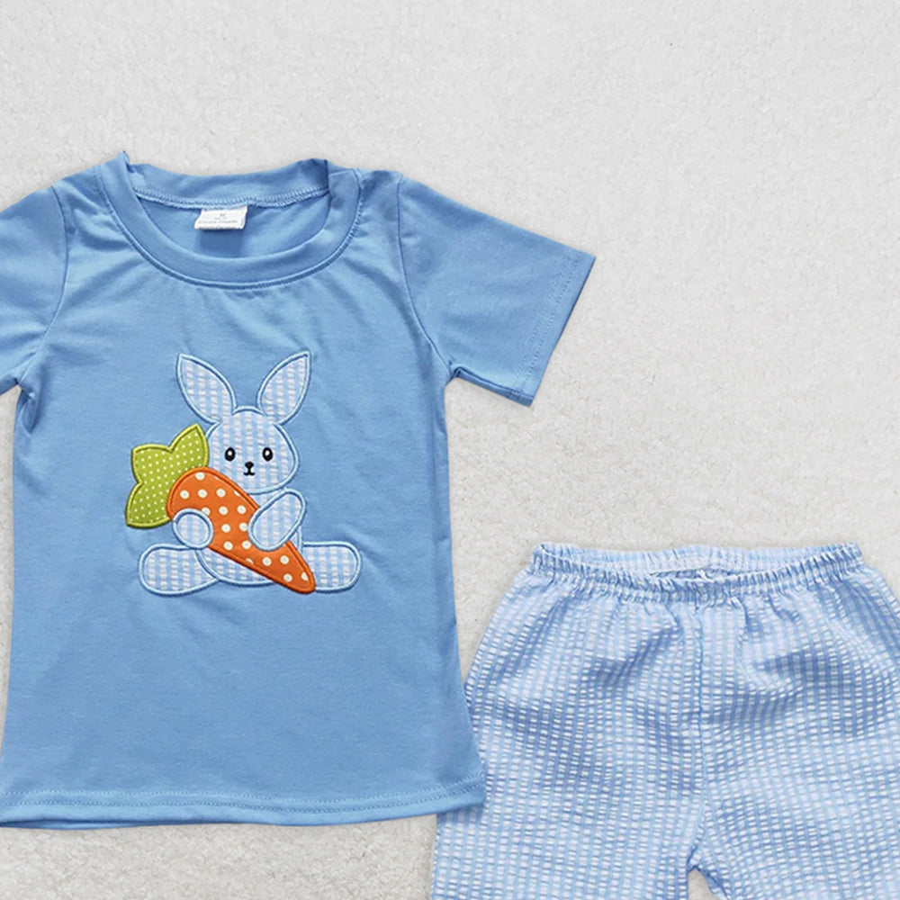 BSSO0087RTS NO MOQ Baby Boys Summer Boys Outfits  Embroidery  Baby Boys Easter rabbit shorts sets clothes sets