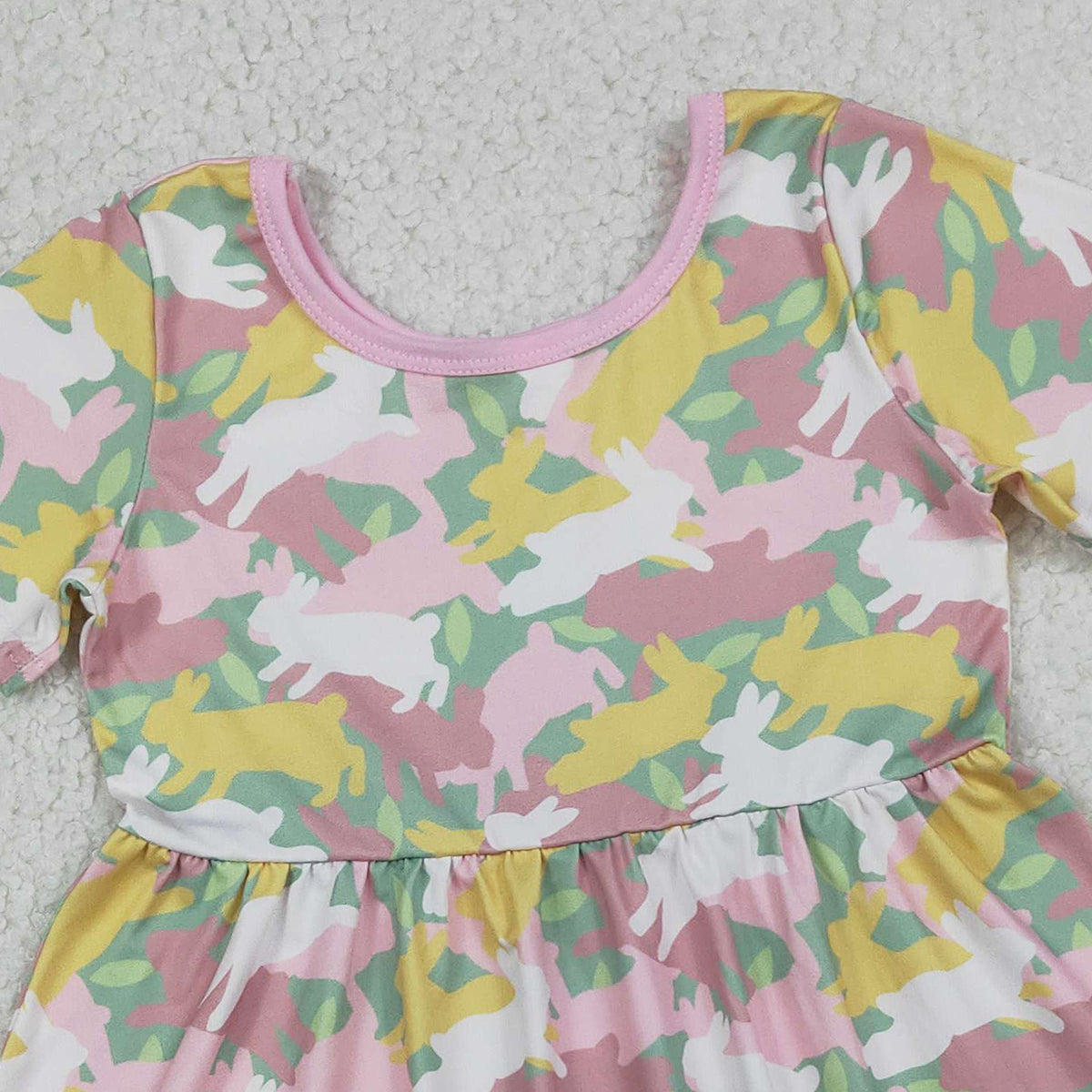 1.14 RTS NO MOQ （In stock）GSD3286 Baby Girls Short Sleeve Rabbits Camo Easter Ruffle Knee Length Dresses