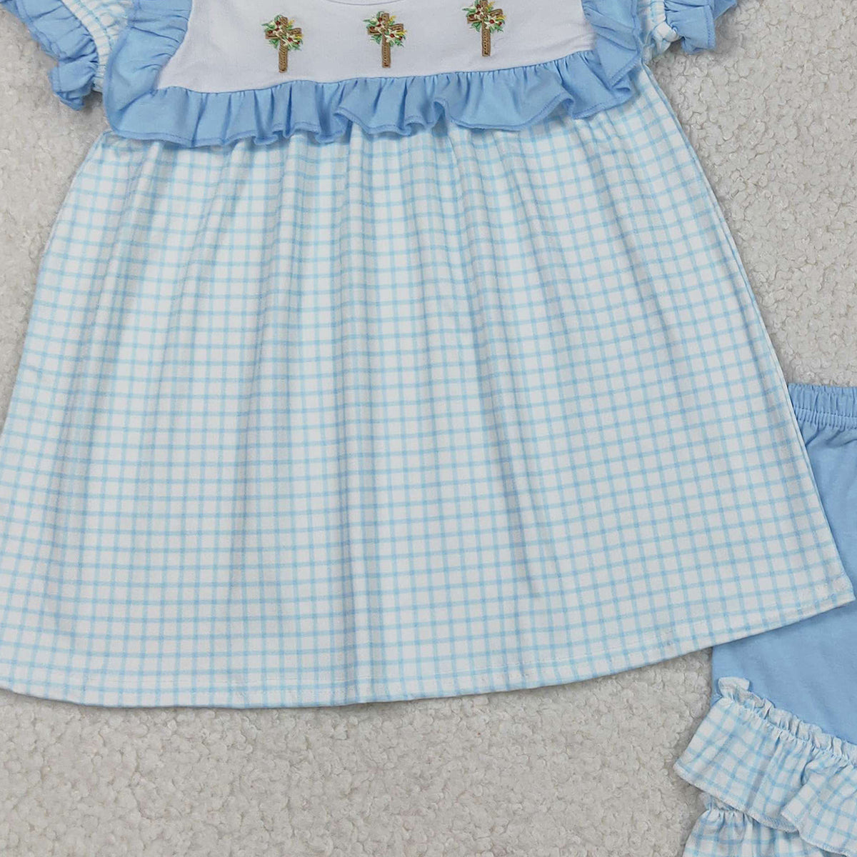 12.9 RTS NO MOQ （In stock）GSSO2718 Embroidery Crosses Baby Girls Blue Checked Tunic Ruffle Shorts Easter Clothes Sets