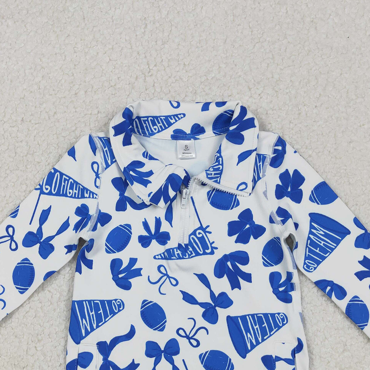 10.27 RTS NO MOQ （In stock）GT1195 Baby Girls Long Sleeve Tops Baby Girls Blue Bows Footballs Go Team Yoga Active Zipper Pullovers Top