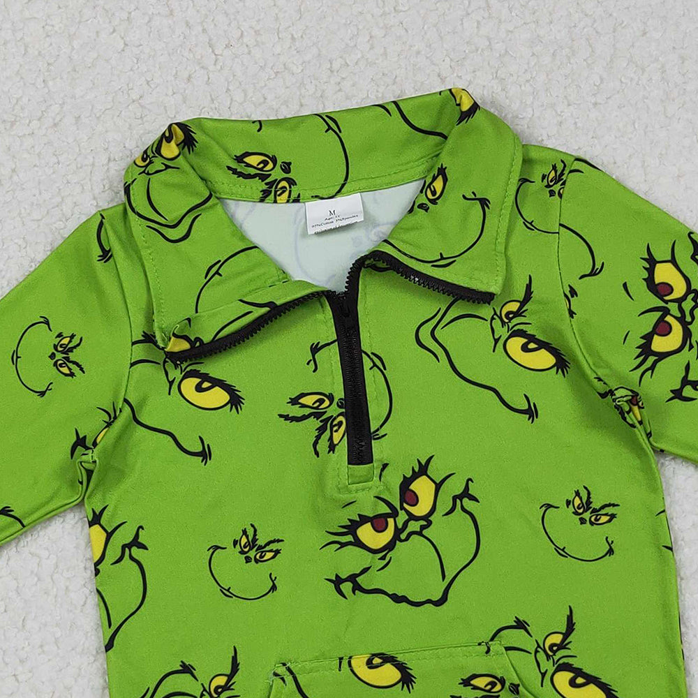 RTS NO MOQ （In stock）GT1170 Baby Girls Long Sleeve Tops Green Face Pockets Zipper Christmas Pullovers Tops