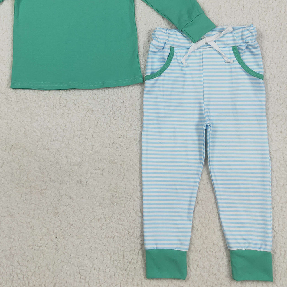 RTS NO MOQ （In stock）BLP1168 Baby Boys Winter Outfits Embroidery Santa Baby Boys Green Top Stripe Pockets Legging Christmas Set