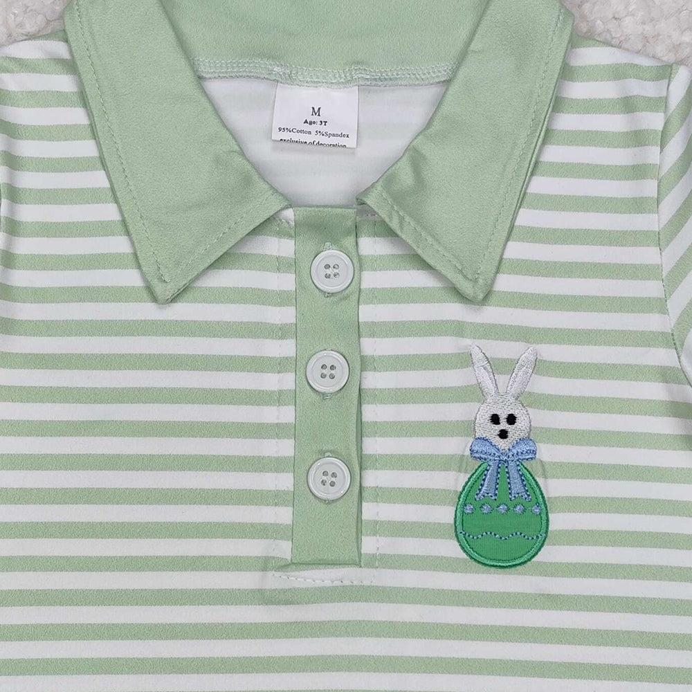 BT1046Kids Boys Easter Polo Shirt Short Sleeves Green Stripe Bunny Design Casual Fashionable Top for Children