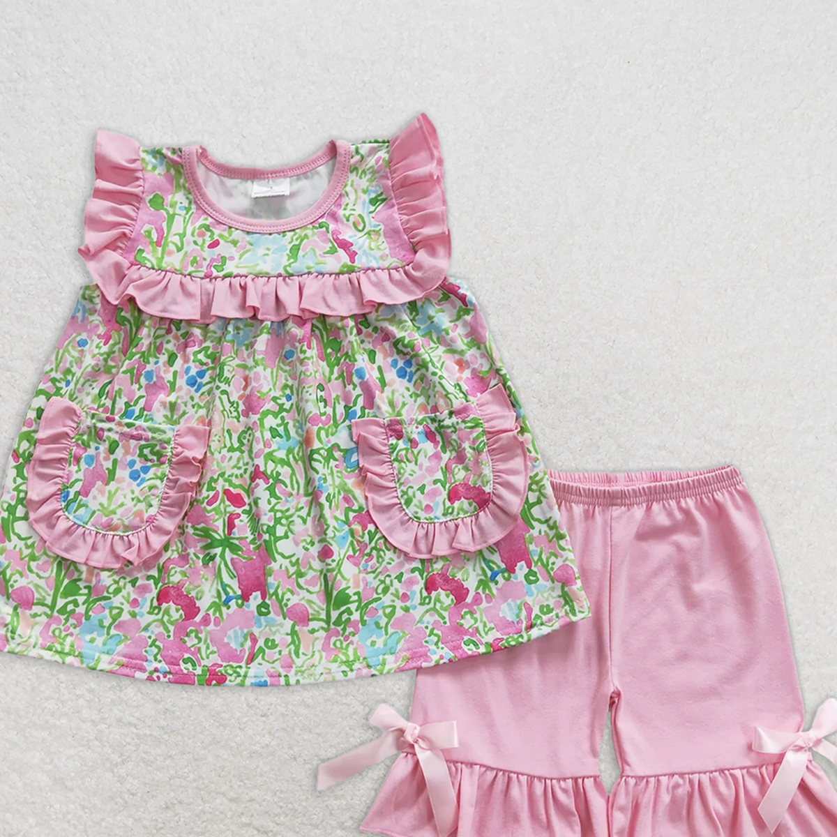 7.18   GSSO0338 RTS NO MOQ Baby Girls Summer Outfits Floral Pink Lace Pocket Sleeveless Shorts Set