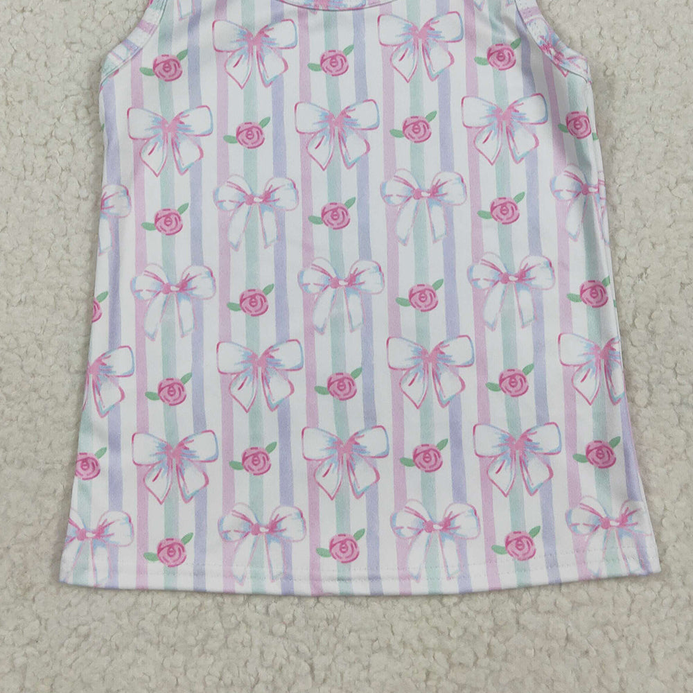 RTS NO MOQ （In stock）GT1014 Baby Girls Summer Yoga Tops Baby Girls Sleeveless Lavender Bows Flowers Stripe Yoga Shirts Tops