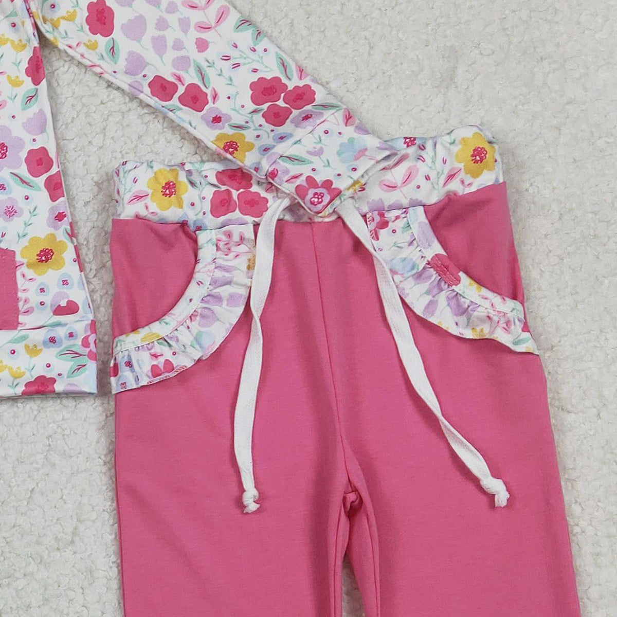 12.29 RTS NO MOQ （In stock）GLP3277 Baby Girls Colorful Flowers Zip Pocket Pullovers Jogger Pants Clothes Sets