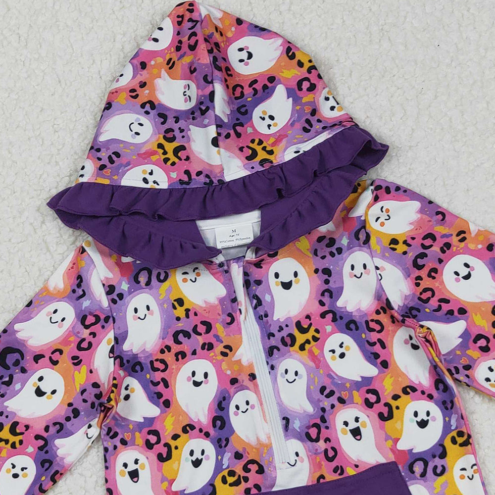 RTS NO MOQ （In stock）GT1155 Baby Girls Long Sleeve Tops Leopard Ghost Halloween Zipper Hoodie - Pocket Detail Top for Halloween