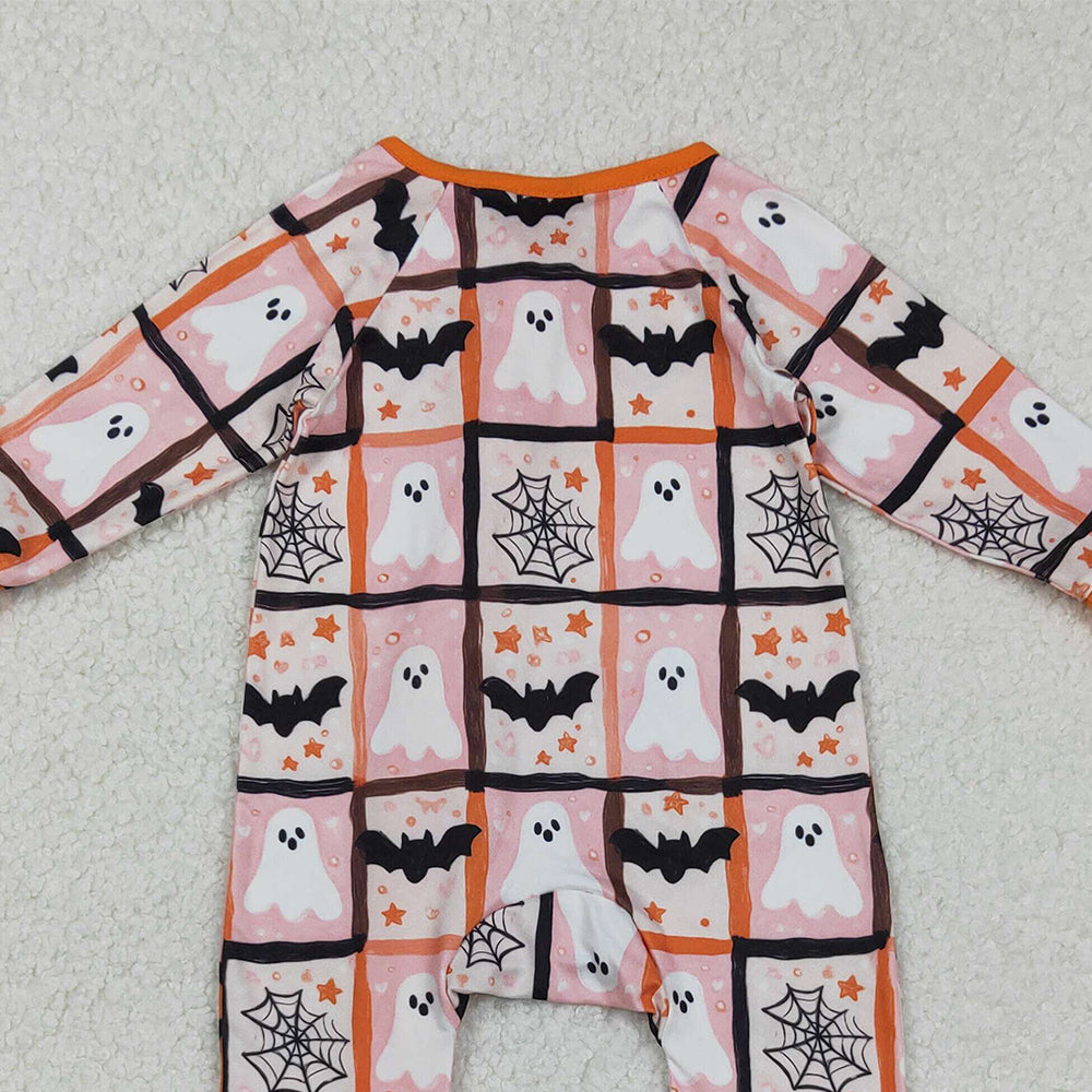 RTS NO MOQ （In stock）LR2539 Baby Boys Winter Rompers Ghosts Bats Halloween Zippered Footie Rompers for Infants Comfortable Spooky Costume Onesie