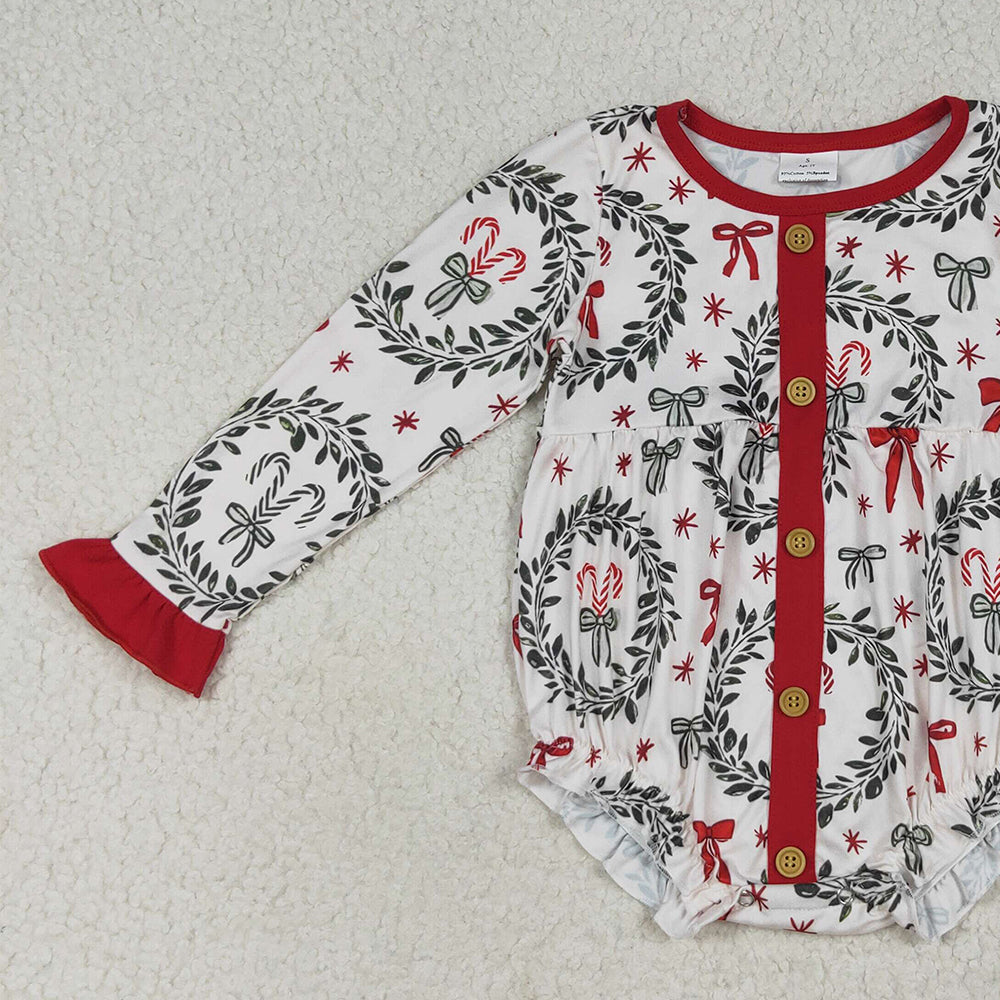 RTS NO MOQ （In stock）LR2252 Baby Girls Winter Rompers Baby Girls Christmas Red Green Bows Button Ruffle Rompers