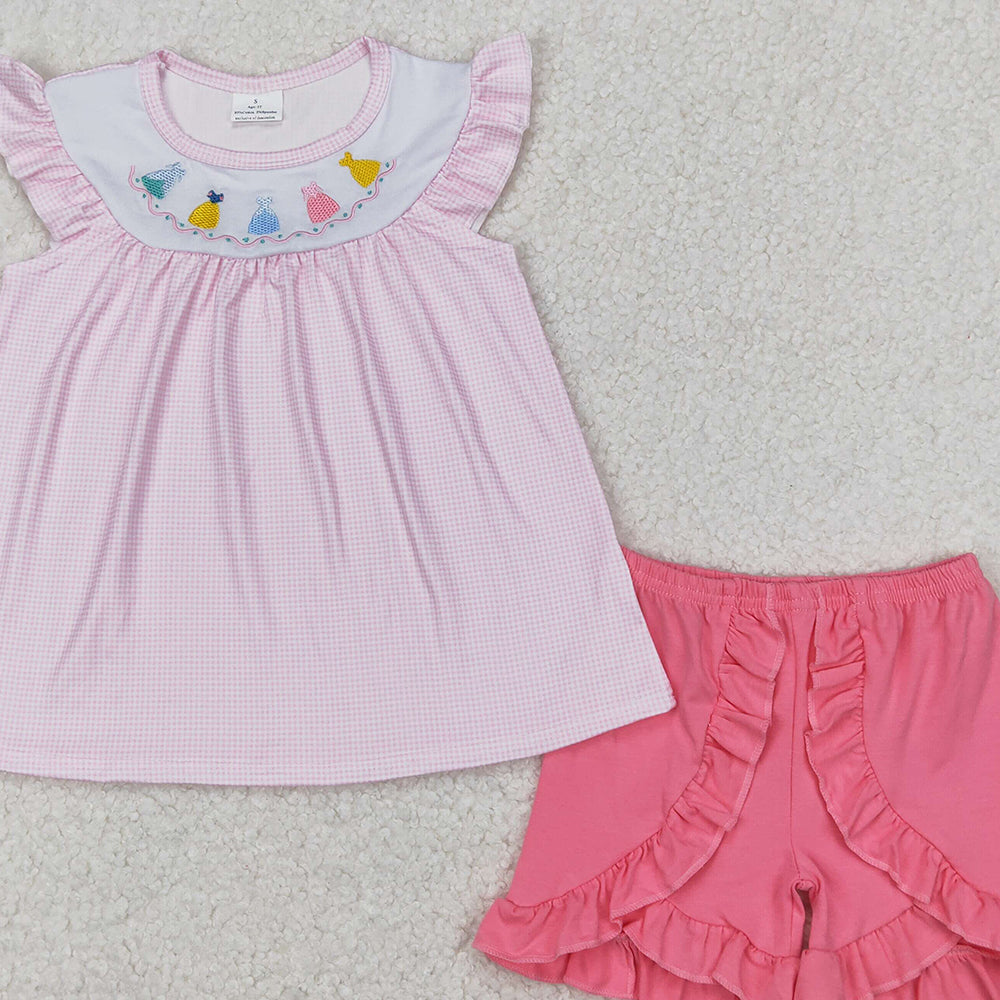 6.13   GSSO2125 RTS NO MOQ Baby Girls Summer Outfits Baby Girls Pink Flutter Sleeves Dresses Tunic Ruffle Shorts Set