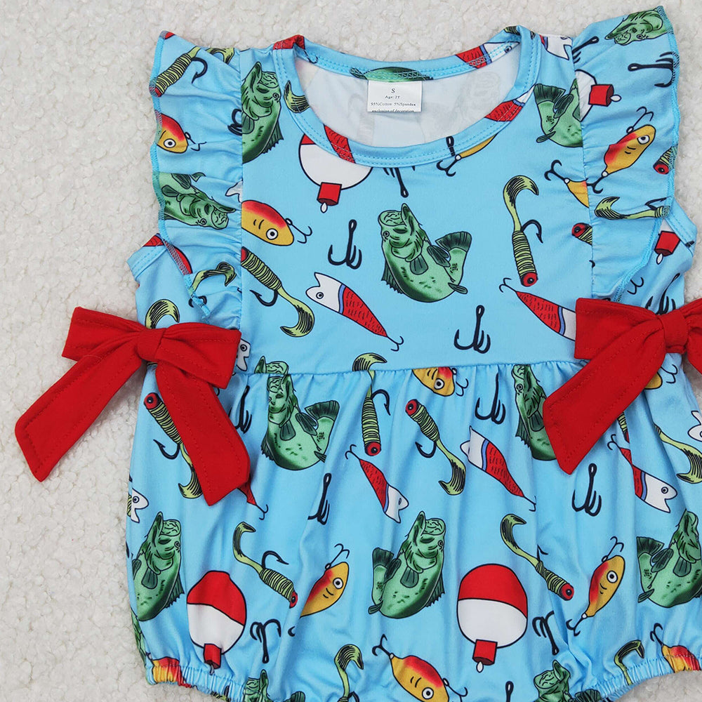4.08 SR2708 RTS NO MOQ Baby Girls Summer Romper Blue Sleeveless Red Bows Top Fishes Hunting Rompers