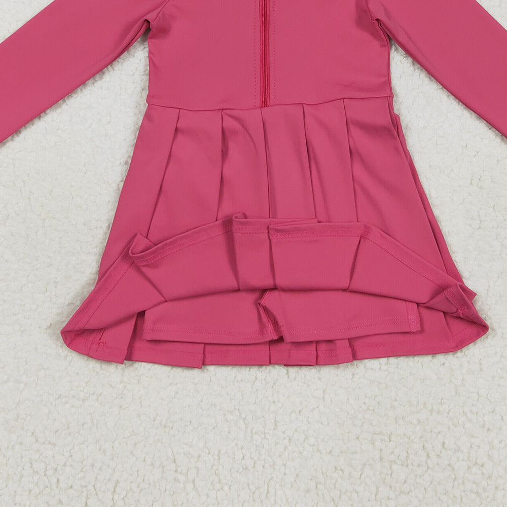 RTS NO MOQ （In stock）GLD1146 Baby Girls Yoga Dress Baby Girls Hotpink Long Sleeves Zipper Yoga Pleated Knee Length Dresses