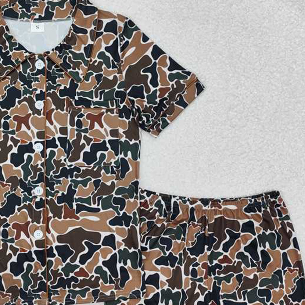 GSSO1538 Women's Dark Camouflage Summer Pajamas Button-Down Long Sleeve Sleepwear Adult Comfortable Soft Cotton Camo Print Nightgown